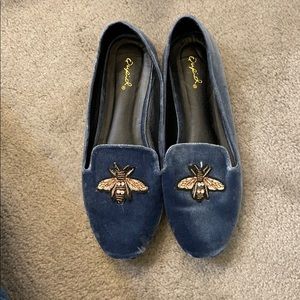 Bumblebee Blue Velvet Mules